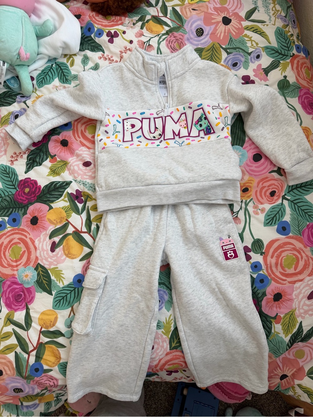 Puma Kids Light Gray Two-Piece Sweatshirt & Pants Set with Colorful Logo